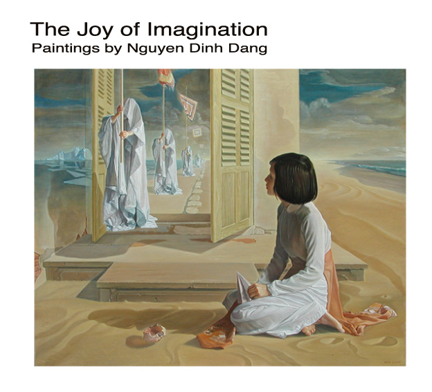 Trang bìa cuốn "Niềm sung sướng của trí tưởng tượng" với bức "Ngưỡng cửa" của Nguyễn Đình Đăng