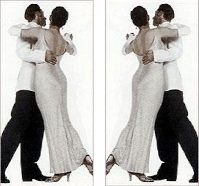 Trái: Hình gốc từ cuốn "The Illustrator's Figure Reference Manual" (1987). Phải: Hình đối xứng gương với hình gốc mà Jack Vettriano đã dùng để vẽ bức "Người quản gia hát". Đây chính là lý do vì sao tư thế cùa cặp đôi khiêu vũ bị trong tranh của ông bị chỉ trích (vì bị ngược).
